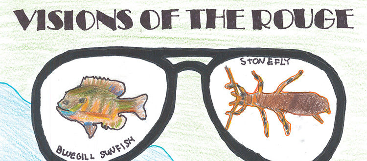 Visions of the Rouge 1st Place poster crop - Illustration of glasses with a Bluegill Sunfish and a Stonefly