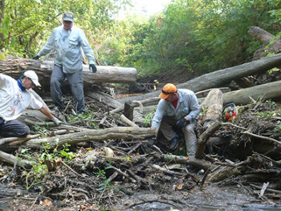 Three men working to remove a logjam