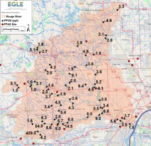 map showing PFAS levels in Rouge surface water