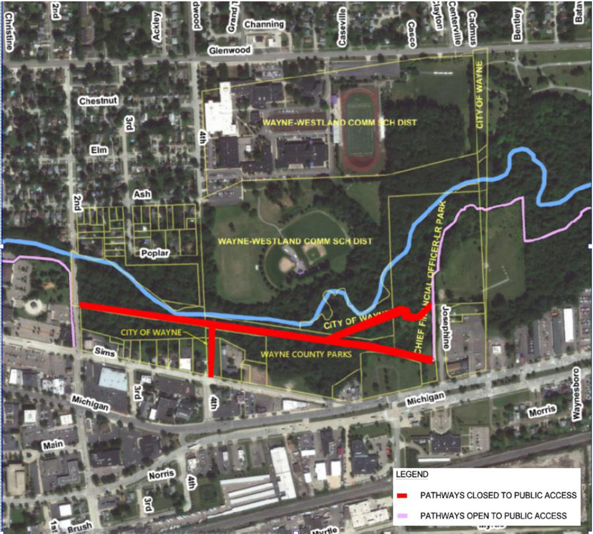 Map for Mill Trail Park Path Closures