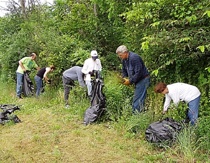 Six people collecting trash near some trees.