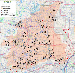 map showing PFAS levels in Rouge surface water