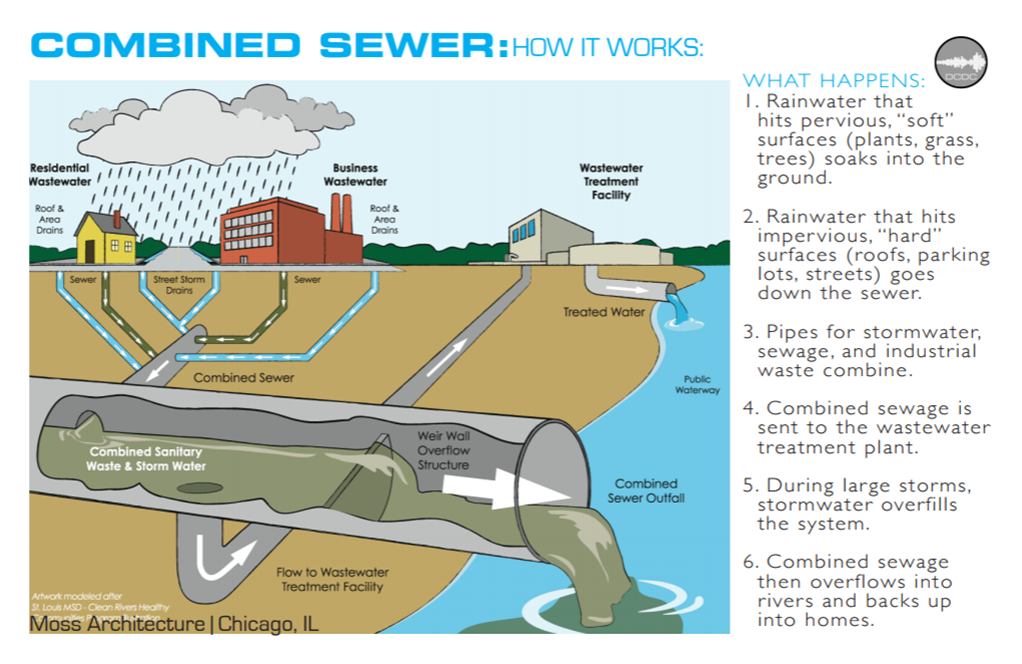 Sewage and storm water mix together in a combined sewer system. The untreated mixture overflows into rivers during heavy rain.