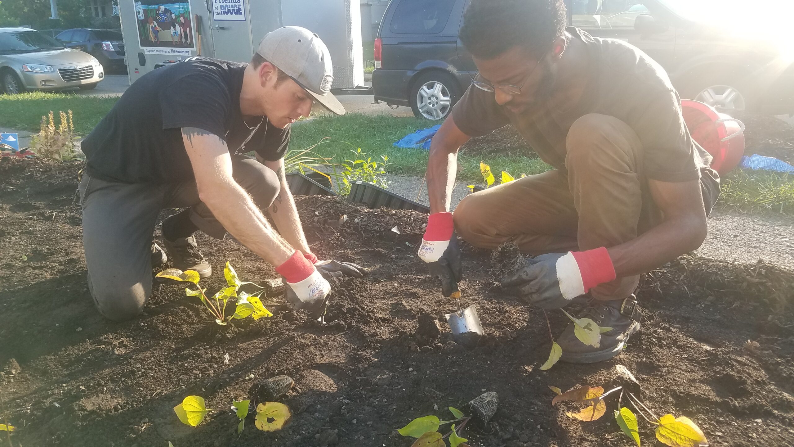 Two men planting in a rain garden