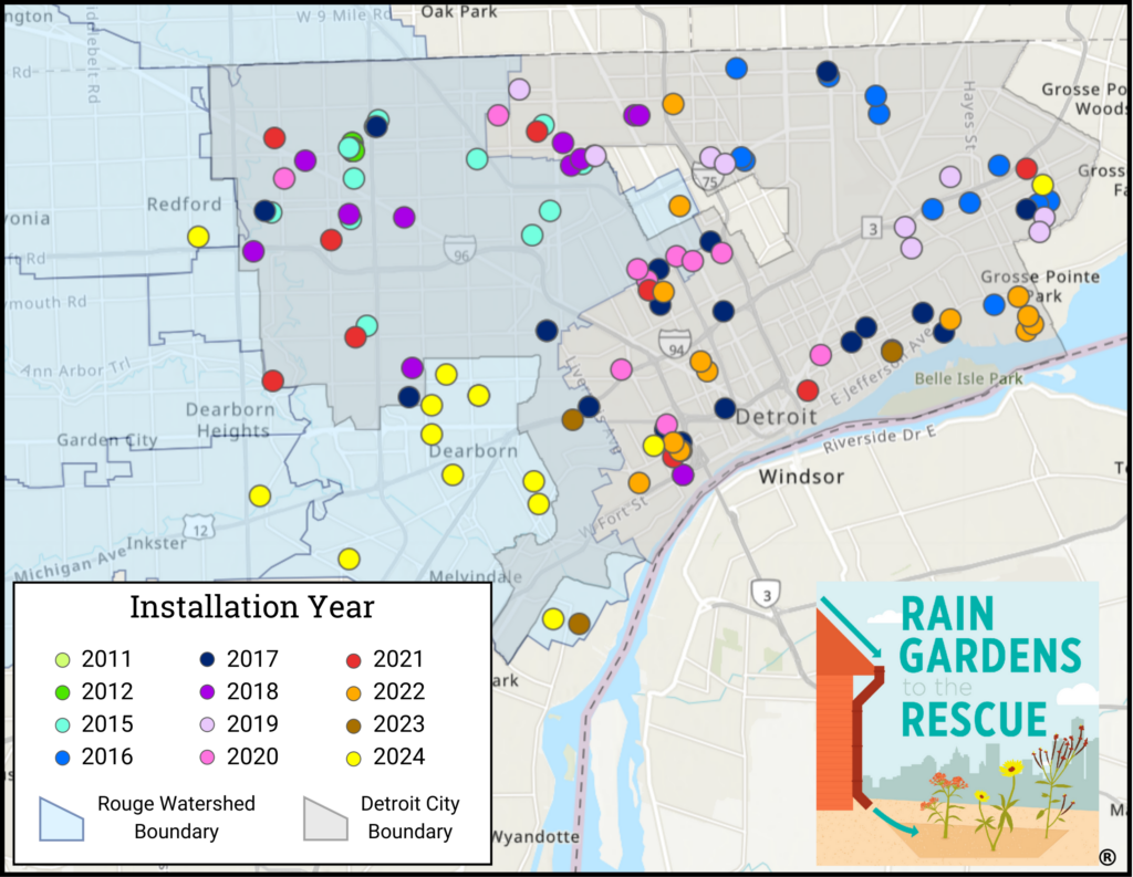 A map of rain garden locations in the Detroit area